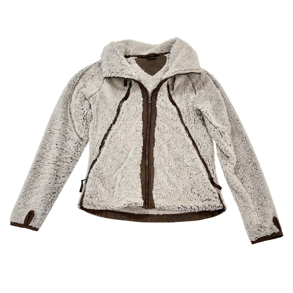 Kuhl Flight Jacket Gorp‎ Medium Beige Brown Full Zip Fleece Hoodie Thumbholes